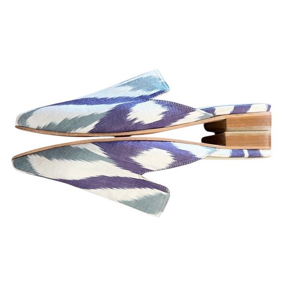 SUFI SHOES Handmade Silk Ikat Slippers Turkish Mules Shoes 39 Purple Blue New - Picture 2 of 4